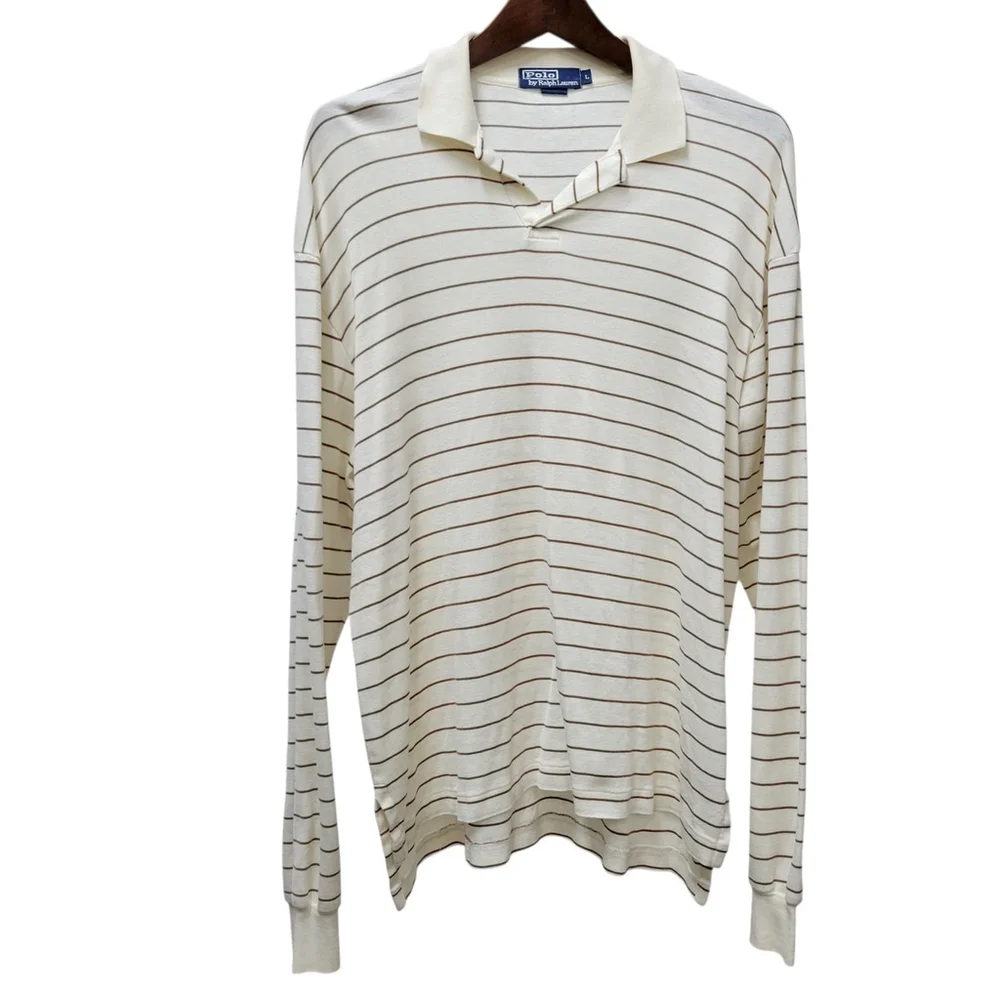 Polo Ralph Lauren Men's Long-Sleeves Beige Brown Stripe Cotton Shirt Large